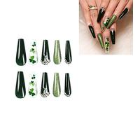 24pcs Fashion Long Almond False Nail French Four-leaf Clovers Simple Heart Fake Tip Full Cover Detachable Press On For Girls With Designs For Girls Press On Length