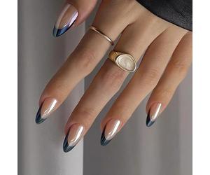 24pcs Fashionable Part Artificial Nail Almond Press French Tips Shiny Fake Additive Charms Stick On Nail For Women