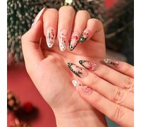 24PCS Festive Christmas Press On Nails Short Almond - Green French Tips With White Snowflake Design ABS False Nails With Jelly Tabs For Holiday Party & Gifts For Women Girls New Year Glamour