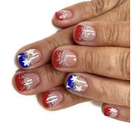 24pcs Festive False Nails Set Short French Tips Glitters Independence Day Press On Nails For Costumes And Celebrations