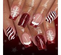 24Pcs Festive French Manicure Set Glitters Snowflake Press On Nails Christmas Stripeds Design Short False Nails Not Tools Short Square Holiday Press On Nail