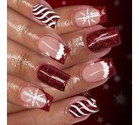 24Pcs Festive French Tip Press On Nails Glitter Snowflake Design Short False Nails Christmas ABS Easy Apply Quick Wear Snowflake Press On Nail