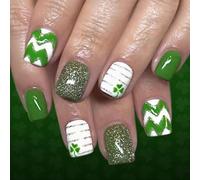 24Pcs Festive White Glitters False Nails Green Clovers Theme Enhanced for Beauty Parties and Celebrations Lucky Clovers