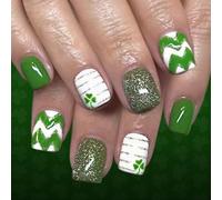 24Pcs Festive White Glitters False Nails Green Clovers Theme Enhanced for Beauty Parties and Celebrations St Patrick Nails