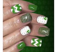 24Pcs Festive White Glitters False Nails Green Clovers Theme Enhanced for Beauty Parties and Celebrations ABS Nails