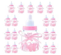 24pcs Fillable Baby Bottles, Girl/Boy Baby Shower Plastic Bottles Party Decoration, Artificial Roses Candy Box, for Newborns,Christenings,Moms to Come (Pink)