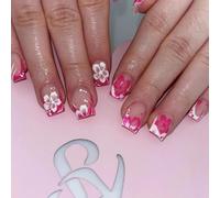 24Pcs Floral French False Nails, Short Square Pink White Flowers Press on Nails with Elegant Design, Spring Summer Acrylic Full Cover Stick on Nails Reusable for Women and Girls Manicure Decoration