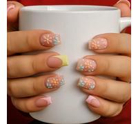 24PCS Floral French Tip Press On Nails Square Shape - Pink And Yellow False Nails With 3D Daisy Design, 12 Sizes With Jelly Adhesive Tabs -Fake Nails For Women, Easy To Apply (Flower French Square)