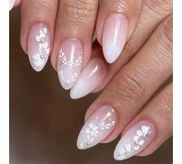 24PCS Floral Ombre Press On Nails Almond Shape - Elegant White Gradient False Nails with Flower Details, French Tip Stick On Set for Wedding, Party & Daily Wear