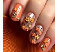 24PCS Floral Press On Nails Orange Short Square False Nails with Handmade Flower Design, Glossy Reusable Fake for Women, Stick On Acrylic for Daily Wear and Parties