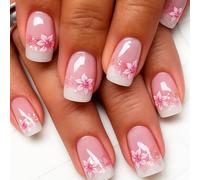 24PCS Floral Press On Nails Short Square French Tips Glitter Gradient Cherry Blossom Design - ABS Fake Nails With Jelly Adhesive Tabs For Women DIY Art Weddings Special Occasions