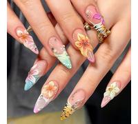 24PCS Floral Stiletto False Nails with Rhinestone & Pearl Accents - Pink Yellow White Blossom Gradient Design for Women, Long Transparent Nail Tips Set, Glossy Press on Manicure Kit for Parties