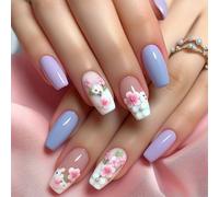 24pcs Flower False Nails Full Covers Stick on Easy to Apply Manicure Art for Various Occasion Party Ready