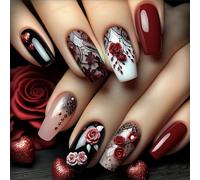 24Pcs Flower False Nails Red Press on Nails Medium Rose Flower Design Glossy Acrylic Nails Black Lace Fake Nails Valentine's Coffin Nails Heart Stick on Nails Full Cover Glue on Nails for Women
