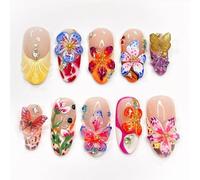 24Pcs Flower French False Nails Medium Almond, 3D Colorful Spring Floral Butterfly Press on Nails, Gold Beads Rhinestones Charms Fake Nails in 12 Sizes, Full Cover Stick on Nail for Women Manicure Art