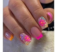 24Pcs Flower French Tip False Nails, Short Square Colorful Flowers Press on Nails with Elegant Design, Spring Summer Cute Floral Acrylic Full Cover Fake Nails for Women and Girls Manicure Decoration