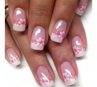 24Pcs Flower French Tip False Nails, Short Square Nude Pink Peach Blossom Press on Nails with Elegant Design, Spring Summer Cute Floral Acrylic Full Cover Fake Nails for Women Manicure Decoration