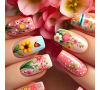 24Pcs Flower Press-On - Ballet Shape Floral Acrylic Glossy Stick-On