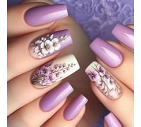 24pcs Flower Press On Nails Artificial Nails Coffin Shape Acrylic False Glossy Finish Stick On Easy Application Spring Acrylic Nail With White Roses