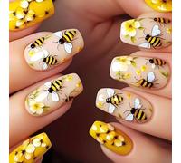 24Pcs Flower Press On Nails Coffin False Nails Full Covers Stick On Nails Artificial Nails Spring Floarl Acrylic Nails