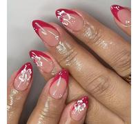 24pcs Flower Press On Nails French Tip Acrylic Almond False Stick On Easy To Apply For Various Occasion Nail Decoration