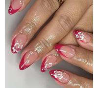 24pcs Flower Press On Nails French Tip Acrylic Almond False Stick On Easy To Apply For Various Occasion Almond Fingernails