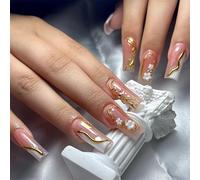 24Pcs Flower Press on Nails Long Coffin Fake Nails with 3D Gold French Line Designs White French False Nail Rhinestone Stick on Nail Summer AcrylicNails Kit Glossy Nude Glue onNails for Women