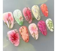 24Pcs Flower Press on Nails Medium Almond, 3D Handmade Blush French Tip Fake Nails, Colorful Butterfly Floral Design False Nails in 12 Sizes, Spring Summer Acrylic Full Cover Stick on Nail for Women