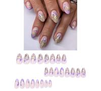 24Pcs Flower Press on Nails, Short Almond French Tip Glossy False Nails with Elegant Daisy Lavender Flower Design, Summer Stick on Fake Nails with Glue and Adhesive