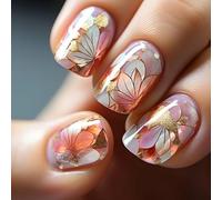 24Pcs Flower Press on Nails Square, Spring Summer Ginkgo Blossom False Nails Short, Floral Glossy Reusable Full Cover Acrylic Glue on Nails for Women and Girls Manicure Decoration