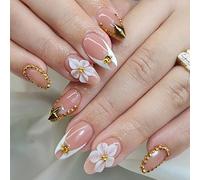 24Pcs Flower Press on Sticker Nails Short Almond Shape with Metallic Nacreous Effect Golden Lines Design Artificial Nails