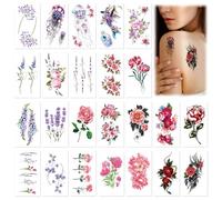 24pcs Flower Temporary Tattoos, Premium Waterproof Temporary Flower Tattoo 3D Flowers Temporary Stickers Tattoo for Arm Foot Back Body Women Girls Decoration Supplies(Colorful)