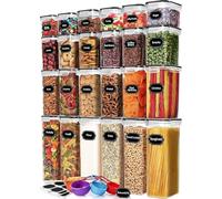 24Pcs Food Storage Container, 4 Size Plastic Cereal Storage Container BPA Free Clear Pantry Canister with Lids for Flour Sugar Rice Dry Food - with Labels, Marker & Spoon