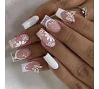 24pcs French 3D Rhinestones Butterfly Designs Stick on False for Stylish Holiday Celebrations Simple Fashion White Nail