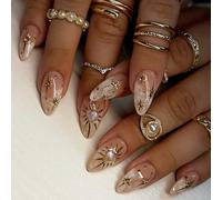 24pcs French Almond False Nails Glossy Star Sun Designs Gold Acrylic Full Covers Stick on Nails for Ladies Easy Removal Nail