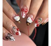 24PCS French Almond Press on Nails,Cute Kawaii 3D Kitty False Nails,Cartoon Y2K Medium Length with 3D Cherry Design,Glossy and Full Cover Acrylic Nails for Women