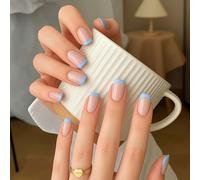 24PCS French Blue Edge Tip False Nails - Short Square Press On Nails with Nail Jelly Adhesive Tabs, Natural Nude Full Cover Fake Nails, Stick On Nail for Salon-Quality Manicure at Home