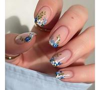 24PCS French Blue Press-On Nails with Elegant Floral Design on Clear Base - Short False Nails for Women, 24 Sizes, Durable ABS Material, Glossy Finish, Includes Jelly Adhesive Tabs for Easy