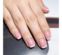 24Pcs French Fake Nails - Short False nails with Glue -French Tip Press on nails - 12 Sizes Short Square french Manicure Nail Tips - Natural Stick on Nails for Women Party Holiday Date Daily Wear