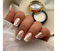 24pcs French False Nails - Chorme White Stick on Nails - Square Fake Nails with Glue - 12 Sizes Aurora French Tip False Nails - Full Cover Acrylic Nail with Design Elegant