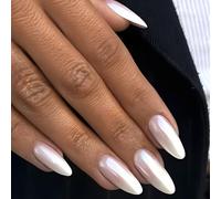 24Pcs French False Nails Medium Almond, Silver Aurora Gel Fake Nails Press on, Pure Color Glossy Stiletto Full Cover Acrylic Stick on Nails for Women DIY Manicure, Natural & Reusable, Easy to Use