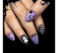 24pcs French False Nails Purple Bat Pumpkin Tip Almond Stick on Nails Long Press on Nails Removable Glue-on Black Spirit Tip Fake Nails Waterproof Full Cover for Halloween Party