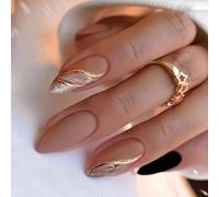 24Pcs French False Nails Short, Almond False Nails with Glue Brown Lake Smudges Lines Stick on Nails for Women Girls Nail Art Accessories