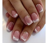 24Pcs, French False Nails Short,Classic French Fake Nails, White Tip & Square Pattern, With a Glue