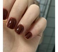 24Pcs French False Nails - Short Square Reddish Brown Acrylic Full Cover Glue on Nails, Fashion Nail Tips Removable Stick on Nails for Women and Girls, Ideal for Nail Art