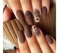 24Pcs French False Nails With Leaf And Floral Full Covers Matte Stick On Nails Manicure Artificial Nails Art For Women