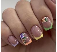 24Pcs French Floral Press on Nails with Unique Design, 24 Sizes False Nails Kit Includes Tools for Easy DIY Manicure, Eco-Friendly Acrylic Fake with 3D Flower Stickers,