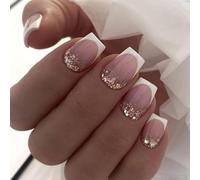 24PCS French Glitter Press on Nails with Jelly Glue, Short Square Fake Nails in 24 Sizes for Perfect Fit, Eco-Friendly ABS Material, Dual Adhesive Options, Easy Stick-On for Women