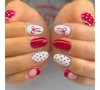 24Pcs French Manicure Fake Nails Red White Dotted Pattern Artificial Fingernails for Daily Use Special Party Wedding Bows Decorated Artificial Nails