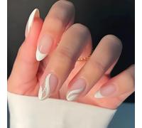 24Pcs French Milky White Press On Nails With Abstract Swirl Lines - Short Almond Fake Nails With Minimal Modern Aesthetic - Stick On False Nail Set With Accessory Tools For Women